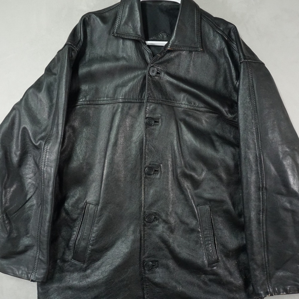 Vintage Black Leather Jacket Mens XL Button Front Lined Motorcycle Biker Coat